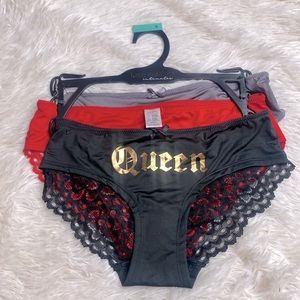 Lady Princess Intimates Black Red Gold Queen 3-Piece Lace Pantie Set